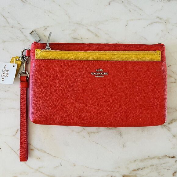 COACH Orange Yellow Color Block Leather Pop Pouch Clutch Wristlet - Picture 1 of 9